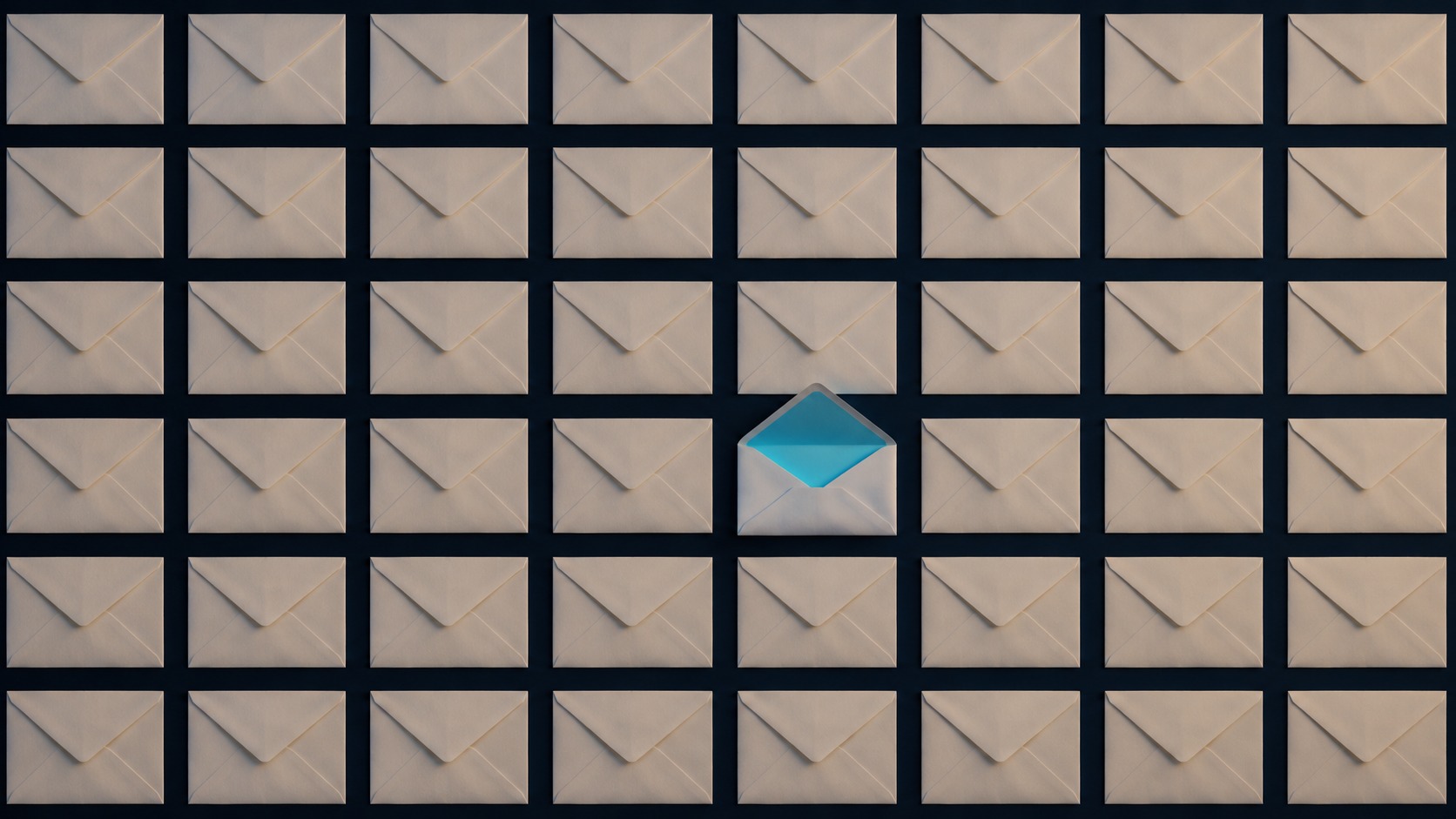 An overhead grid of sealed envelopes on a dark surface, with one open envelope glowing cyan